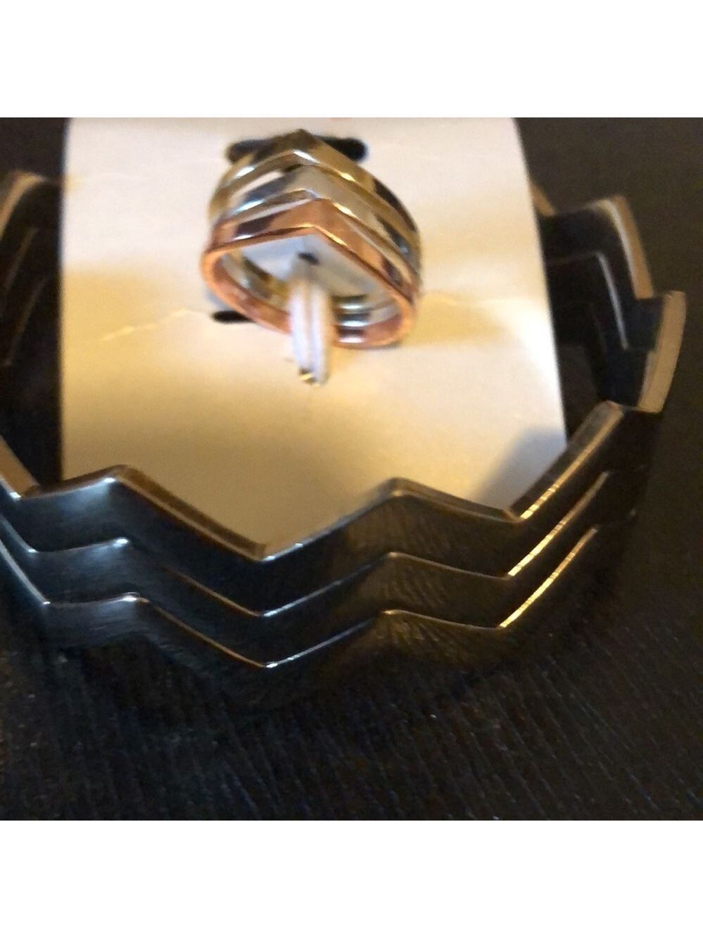 Vtg Gold Tone Chevron Bangle Bracelets pair w NWT  Chevron Rings (3), size 6/7